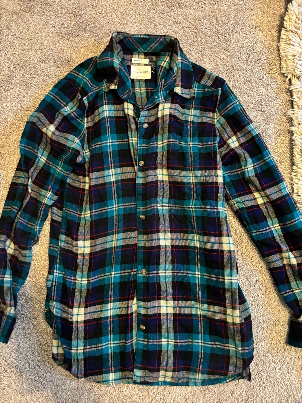 American Eagle Outfitters Teal and Navy Plaid Button-Down Shirt